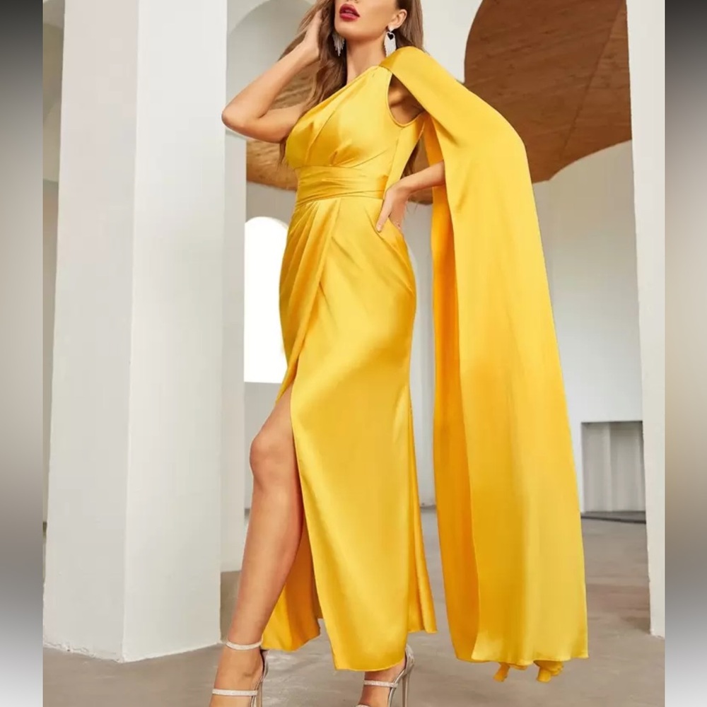 SHEIN One-Shoulder Yellow Dress with Cape